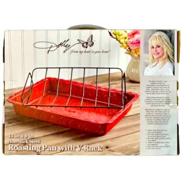 NEW Dolly Parton Red Roasting Pan with V-Rack Non-Stick Steel 13 in. X 9 in. NIB - Picture 2 of 4